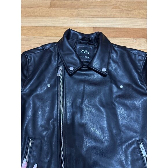 ZARA Man Faux Leather Biker Jacket Black Size L Moto Zip Pockets Asymmetrical - Picture 5 of 10